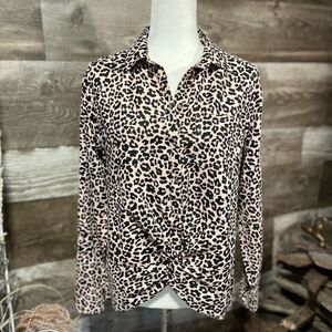 C&C California leopard print button front long sleeve blouse - S